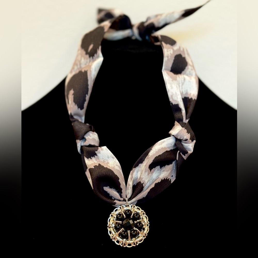 Elegant black and Grey scarf with Black and Silver Pendant Necklace.